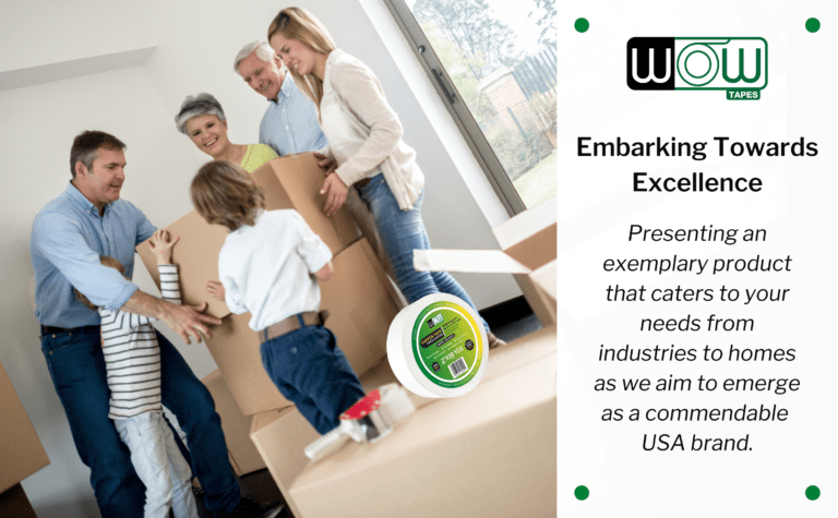 Family packing moving boxes with a roll of Wow white gaffer tape
