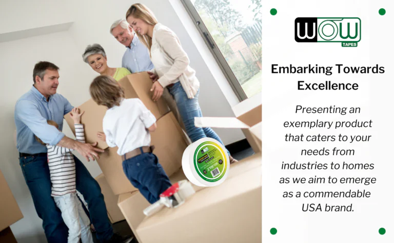 Family packing moving boxes with a roll of Wow white gaffer tape