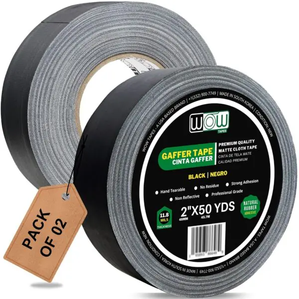 Wow black gaffer tape, 2 inch x 50 yards, pack of 2 rolls