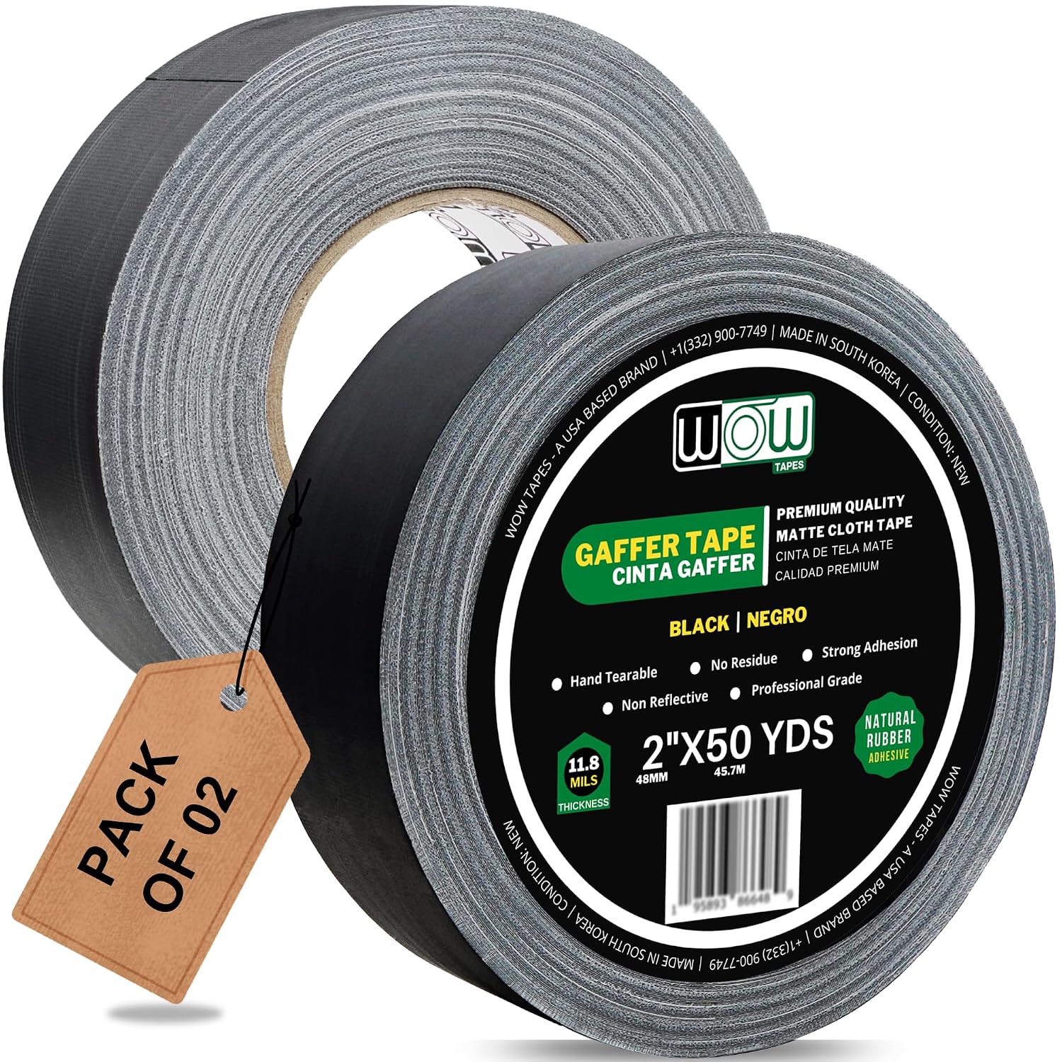 Wow black gaffer tape, 2 inch x 50 yards, pack of 2 rolls