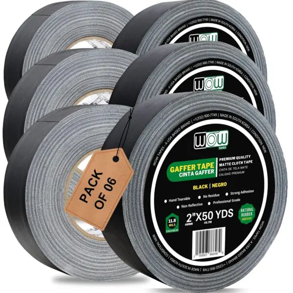 Wow black gaffer tape, 2 inch x 50 yards, pack of 6 rolls
