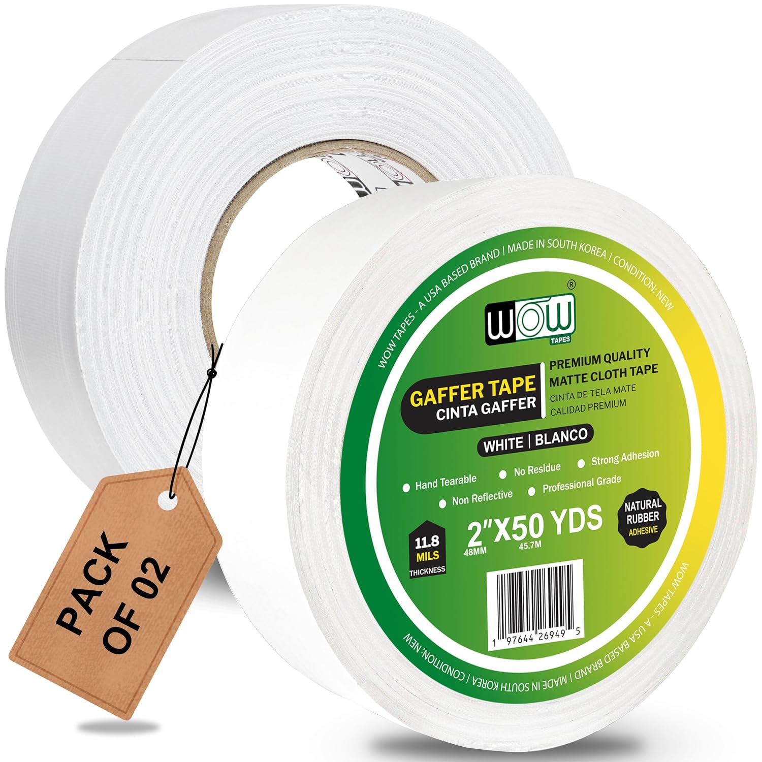 Wow white gaffer tape, 2 inch x 50 yards, pack of 2 rolls