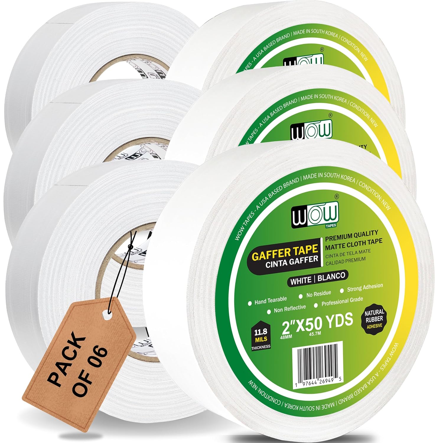 Wow white gaffer tape, 2 inch x 50 yards, pack of 6 rolls